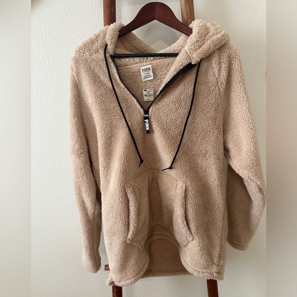 Pink Victoria Secret Fuzzy Teddy Zip Up Hoodie with pocket - tan/light pink